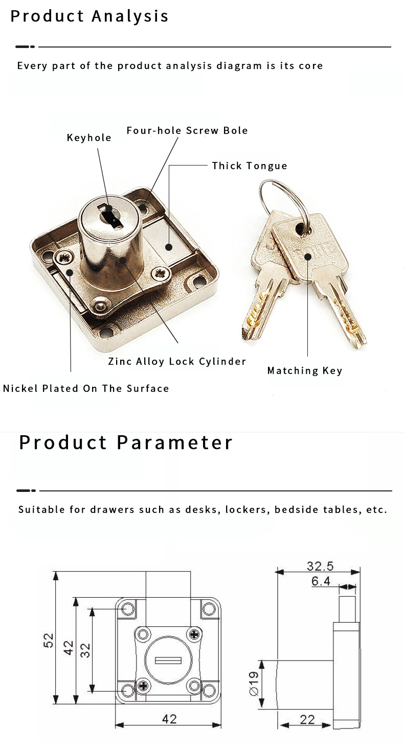 Heavy Duty Locking Office Desk Computer Key Locks Hardware Accessories Zinc Alloy Square Wooden Desk Cabinet Tongue Drawer Furniture Locks